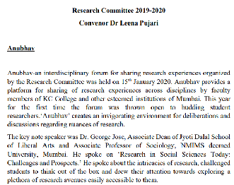 Research committee report 2019-2020