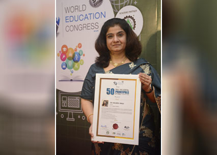 Dr. Hemlata Bagla,  Principal,  K.C College being honored with Award for 50 Most Influential Principals of India by World Education Congress, 9th Edition, on 26th August 2021.