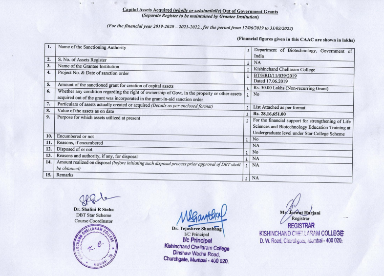 DBT Star Scheme (2019-22) Assets Register