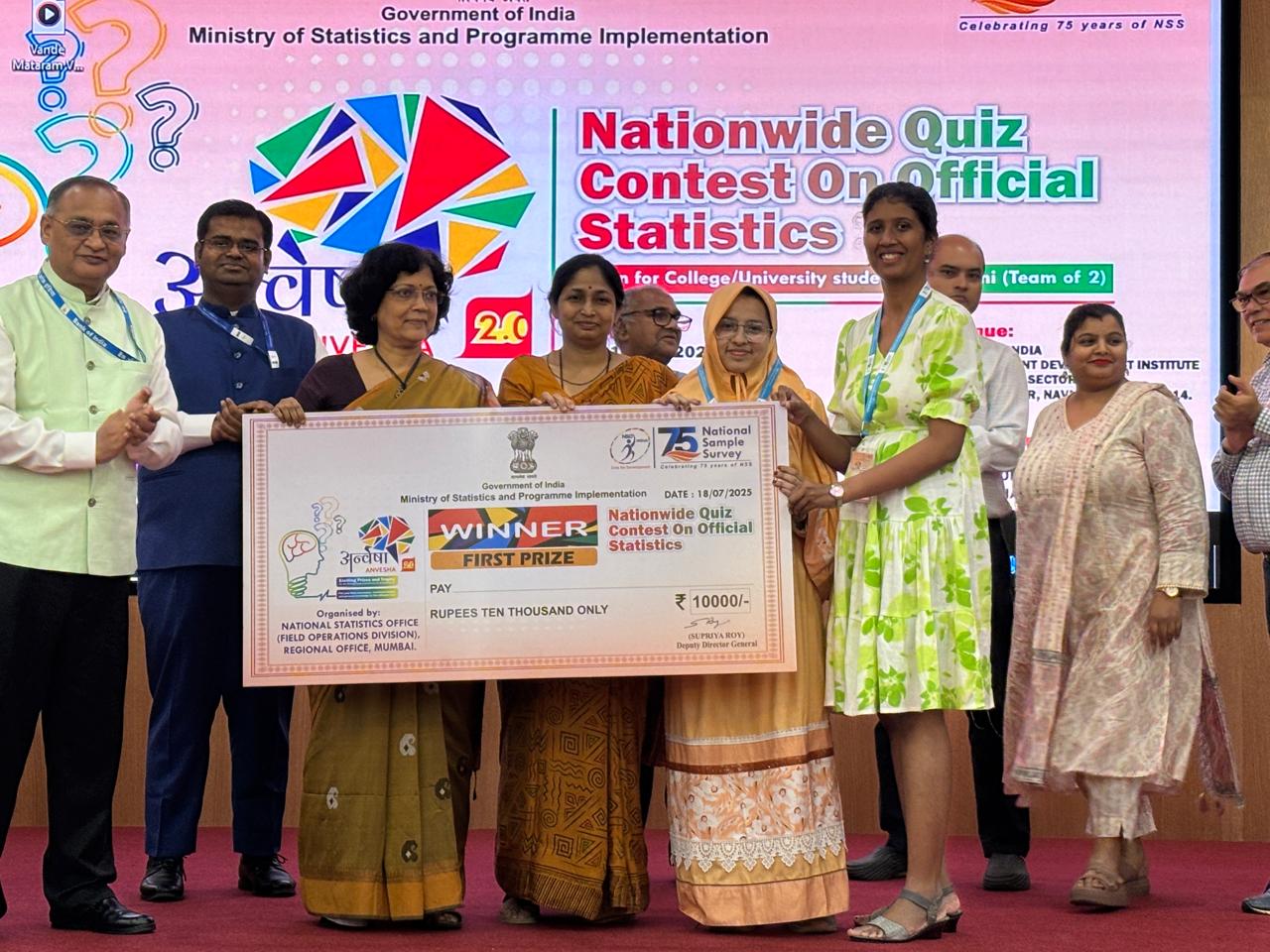 Zahra Rangwala and Nehal Tambde from TYBSc Statistics won 1st Prize at the National Level Quiz Competition organised by NSO, Ministry of Statistics and Program Implementation, Govt. of India.